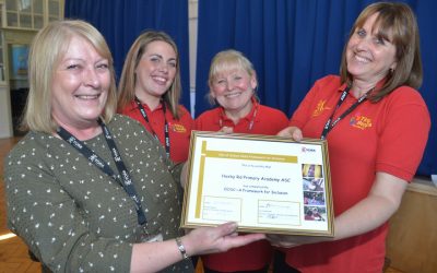 Debbie Adair, City of York Council’s Access & Inclusion Support Adviser (pictured left) presents the Gold Award to the Haxby Road Primary Academy Team (l-r) Lauren Powell, Diane Long and Fiona Stock.